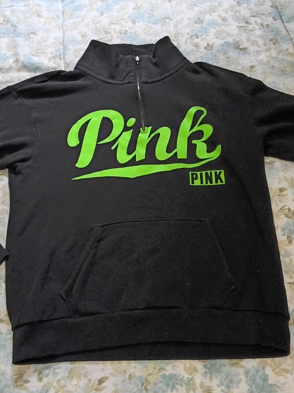 Victoria's Secret PINK Black & Lime Green Quarter-Zip Pullover Sweatshirt - XS